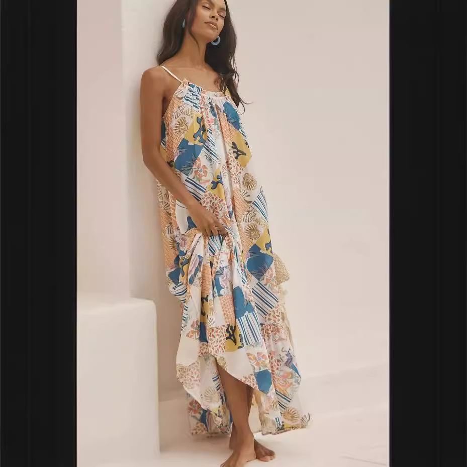 Women's Sleeveless Printed Open-Back Long Dress
