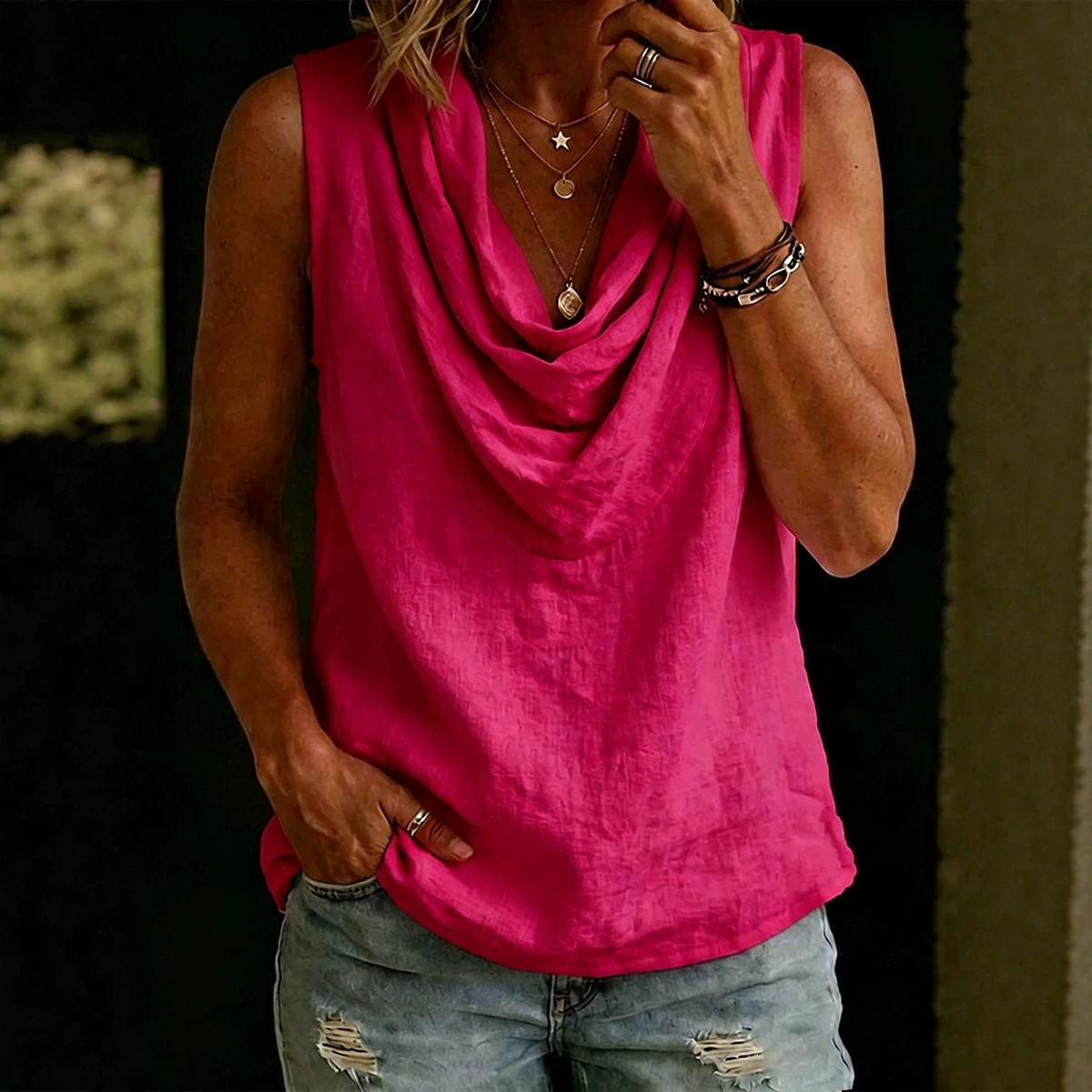 Women's Cowl Neck Sleeveless Top Loose Breathable Slimming Casual Tank