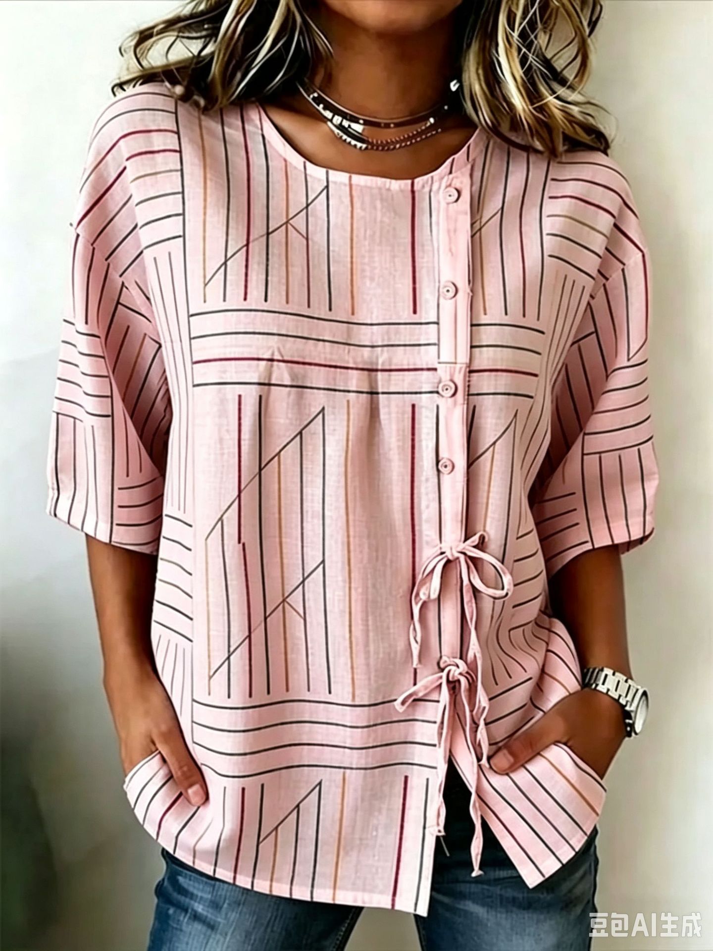 Boho Floral Print Tie-Front Button 3/4 Sleeve Women's Blouse