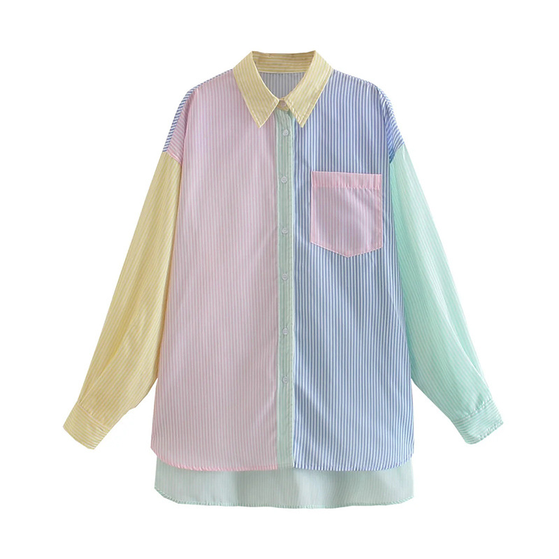 Pinstriped Color-Block Oversized Boyfriend Shirt Long Sleeve High-Low Hem