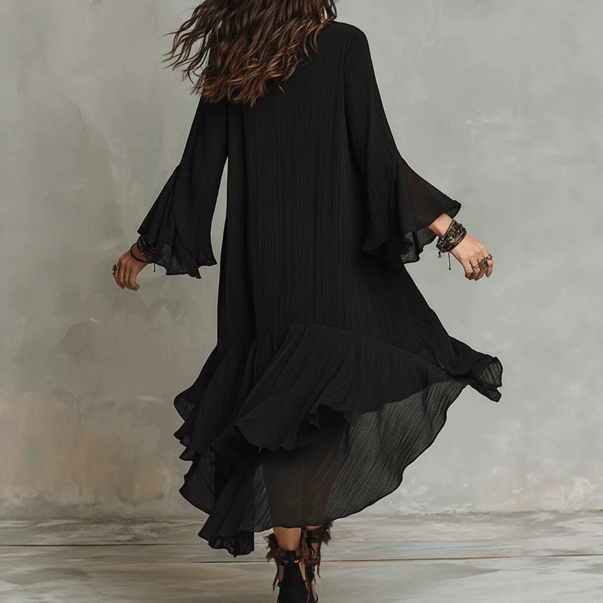 Black Textured Crew Neck Bell Sleeve Asymmetric Ruffle Hem Midi Dress