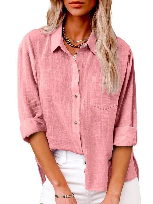 Women's Solid Color Single-Breasted Shirt Long Sleeve Loose Fit Polo Collar