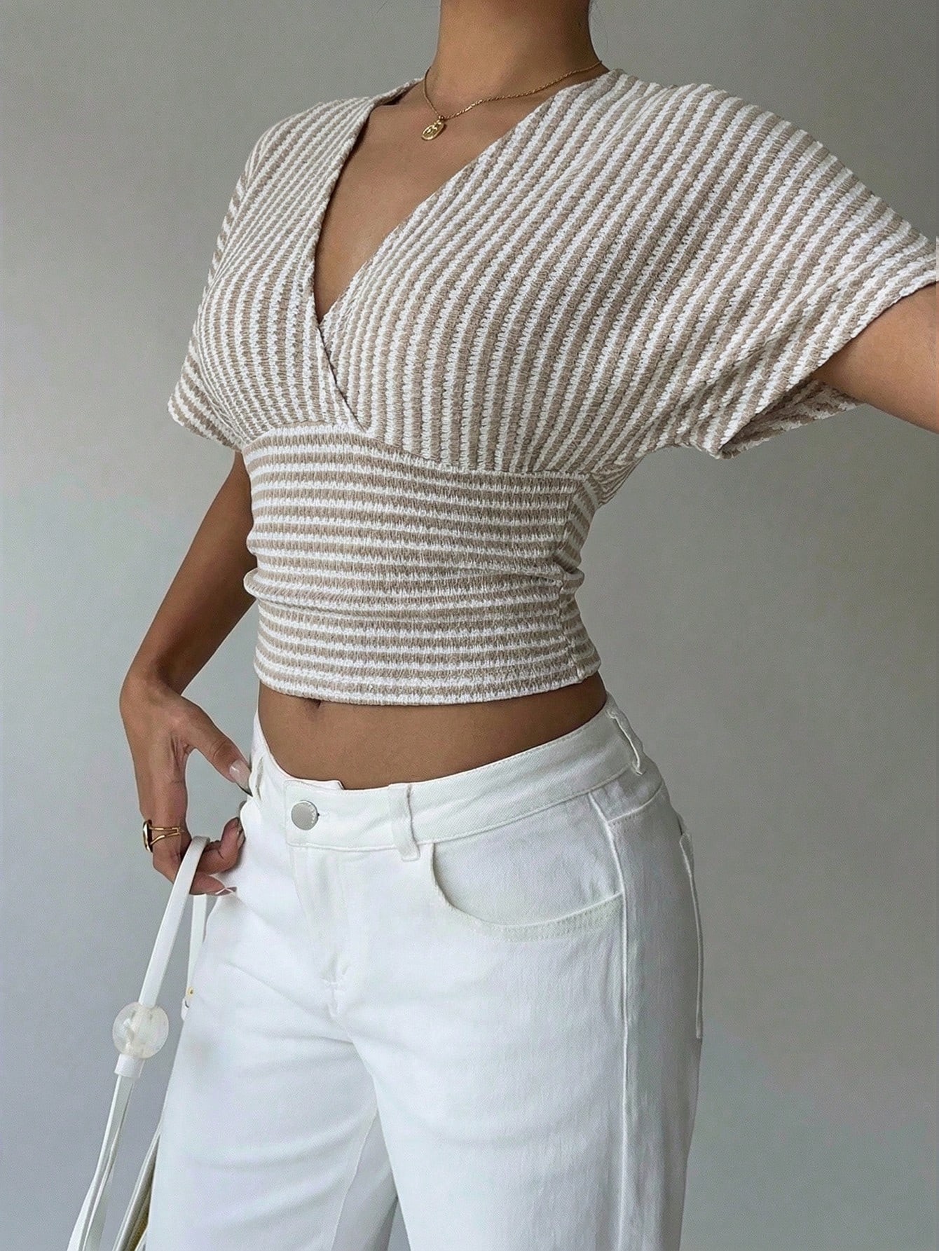 V-Neck Striped Cinched Waist Cropped Knit Top with Batwing Sleeves