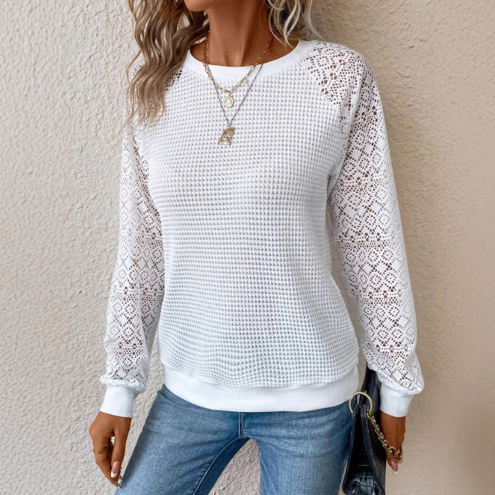 Women's Lace Long Sleeve Hollow Out Crewneck Casual T-Shirt Top