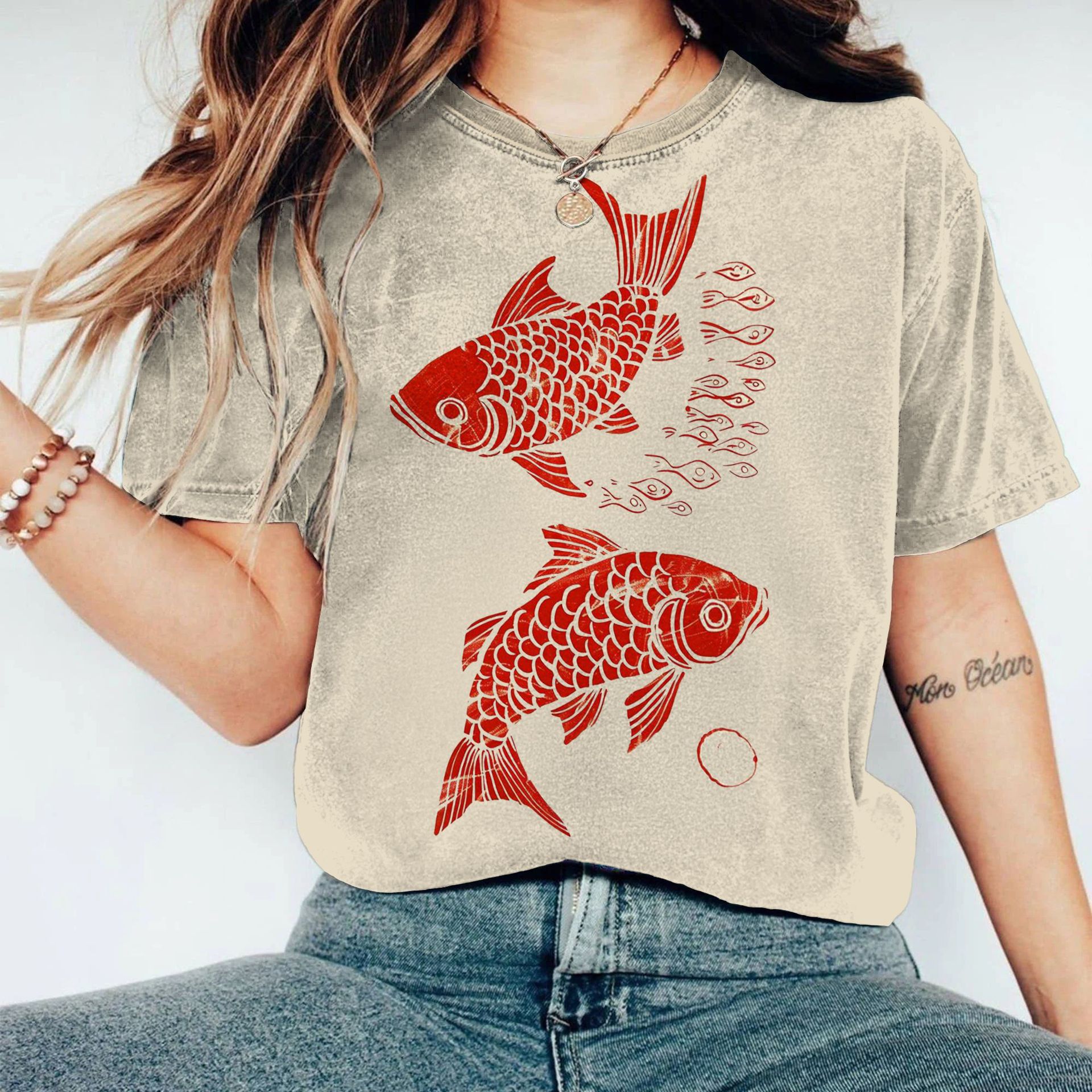 Women's Digital Print Round Neck Top Short Sleeve Slim Fit Casual