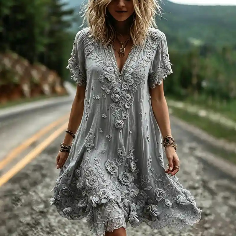 Women's Vintage Floral Print Pleated Midi Dress