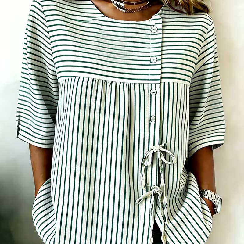 Women's Printed Tie-Neck Midi-Sleeve Blouse