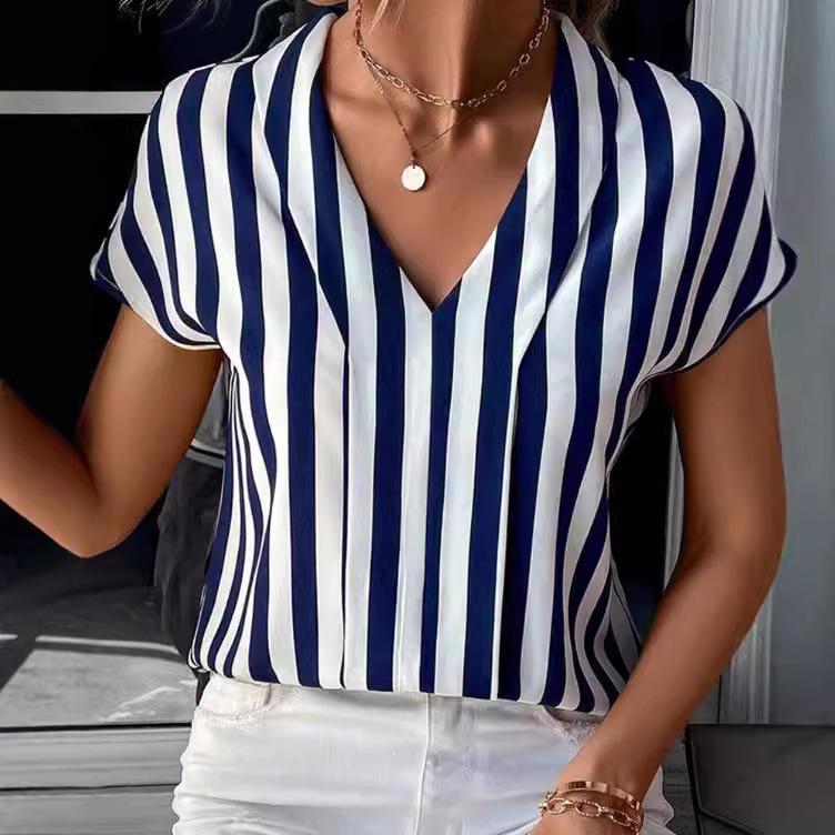 Striped Short Sleeve Pullover Shirt Women Loose Fit