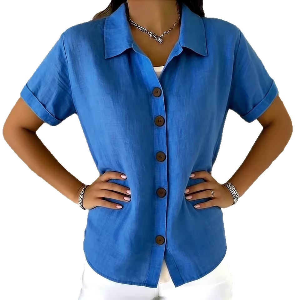 Solid Color Button-Down Collared Short-Sleeve T-Shirt