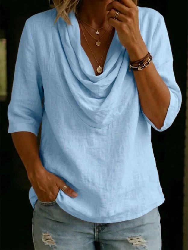 Women's Casual Cowl Neck Loose Solid Color Half Sleeve Top