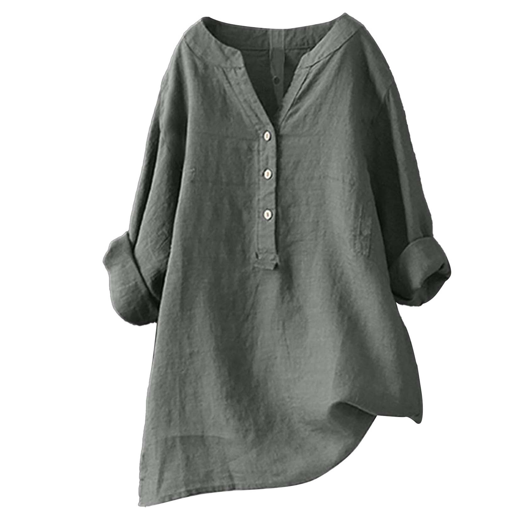 Women's Loose Solid Color Stand Collar Button Long Sleeve Cotton Linen Top