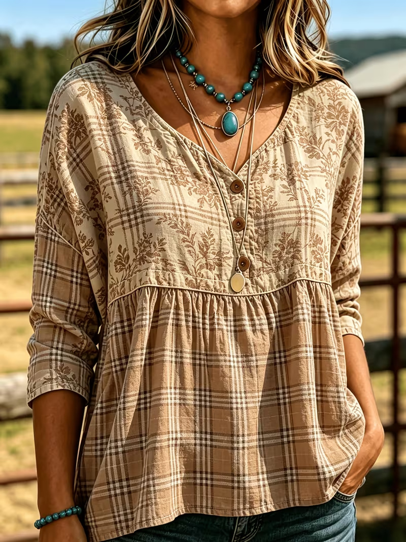 Women's Floral Print Button-Down 3/4 Sleeve Blouse