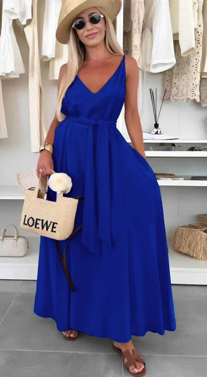 Women's Solid Color Bow Tie Sleeveless Cami Maxi Dress