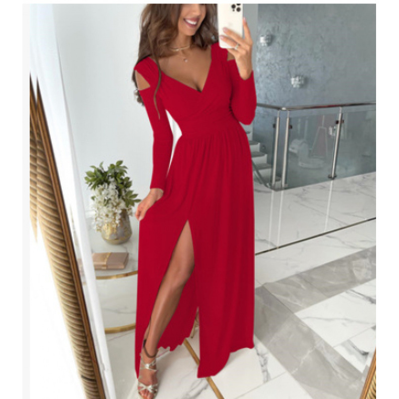 Long Sleeve V-Neck Solid Color Split Hem Dress