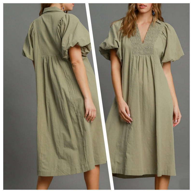Women's V-Neck Puff Sleeve A-Line Dress