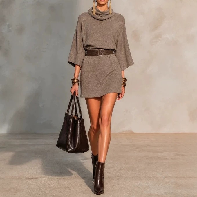 Women's Cowl Neck Loose Drop Shoulder Solid Midi Dress with Three-Quarter Sleeves