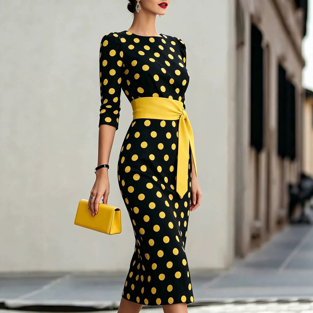 Color-Block Polka Dot Belted Slim Fit Long Sleeve Dress