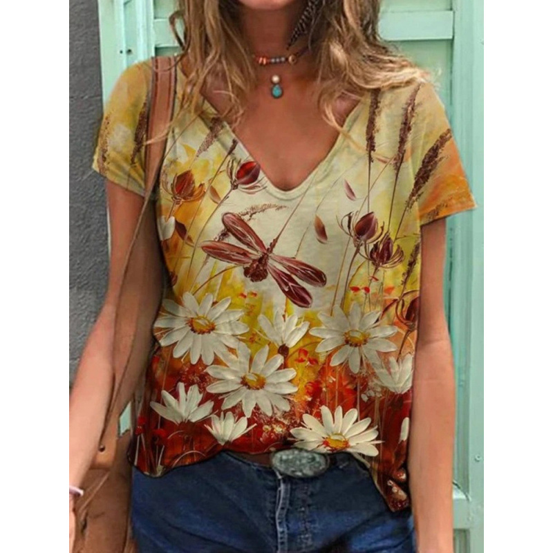 3D Digital Print V-Neck Short Sleeve T-Shirt