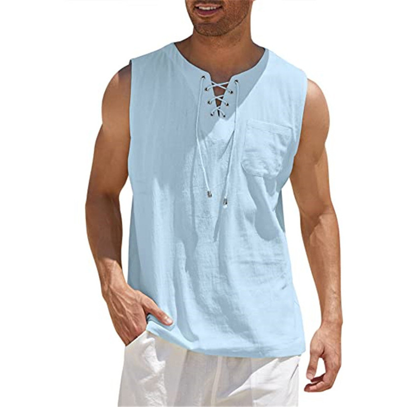 Men's Cotton-Linen Sleeveless Lace-Up Casual Shirt