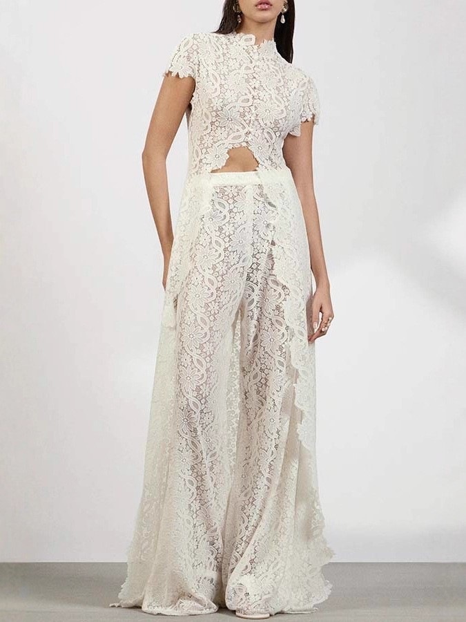 Lace Solid Color Dress Set with Cutout Round Neck and Front Slit