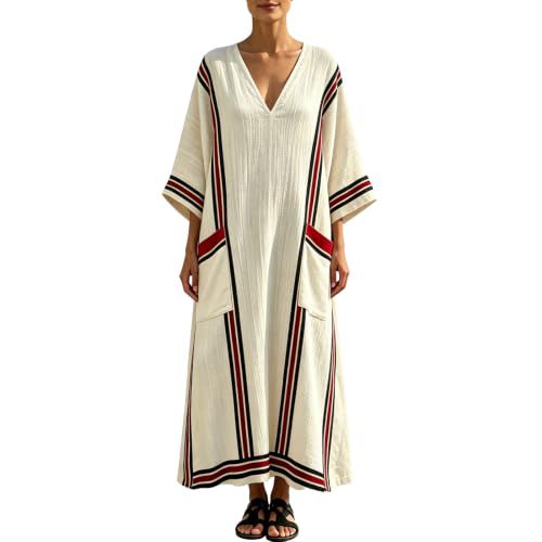 Women's Plaid & Solid Print Midi Dress with Deep V-Neck and Five-Quarter Sleeves