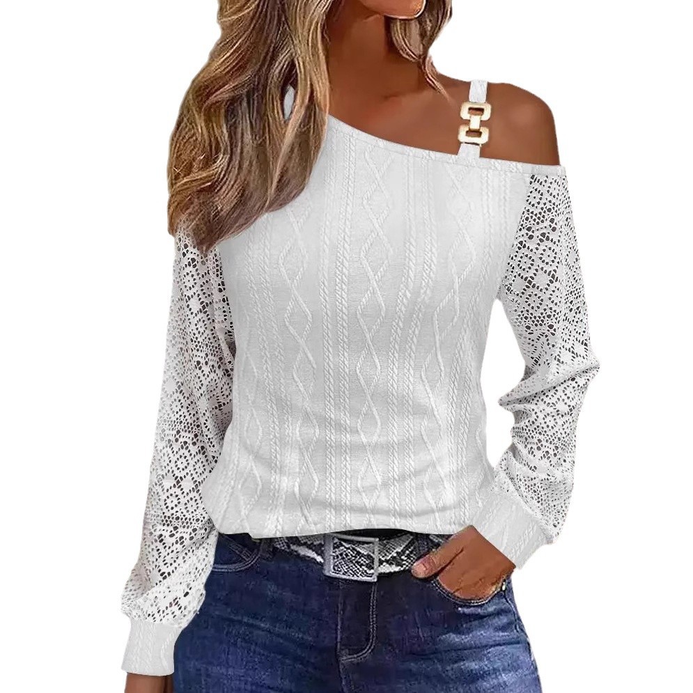 Women's Asymmetric Metal Buckle Shirt with One-Shoulder Collar
