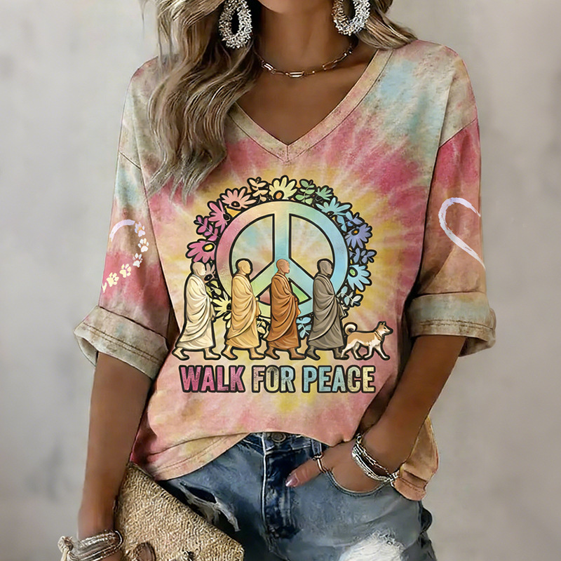 Monk Walking Dog Peace Print V-Neck Short Sleeve Women's T-Shirt
