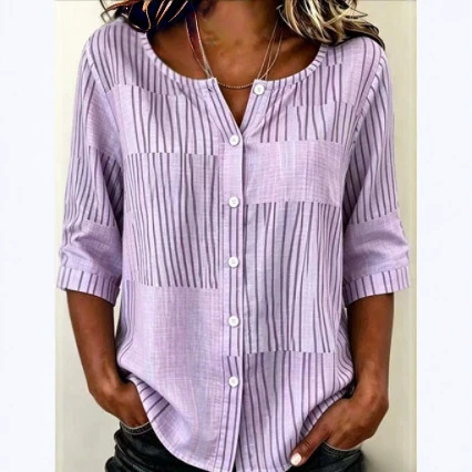Women's Color-Block Vertical Striped Mid-Sleeve Shirt