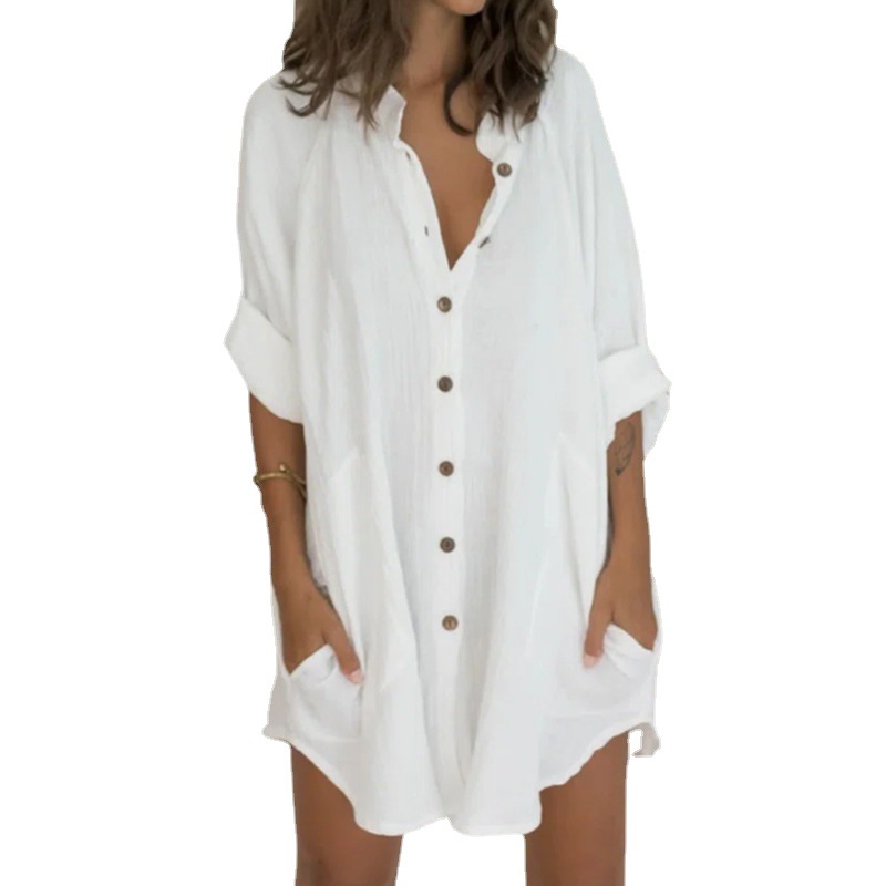Women's Cotton-Linen Button-Front Long Sleeve Loose Shirt