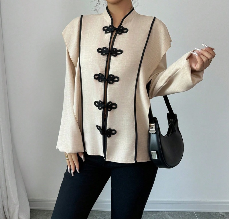 Retro Chinese Style Solid Color Stand Collar Pankou Short Jacket for Women