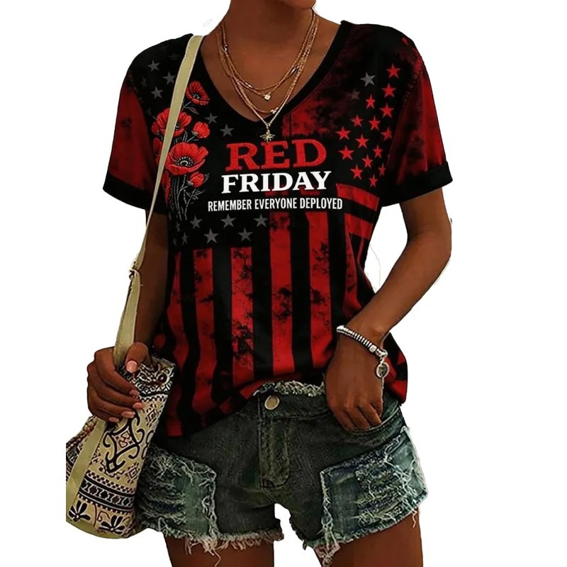 Red Fridays Print V-Neck Short Sleeve Women's T-Shirt