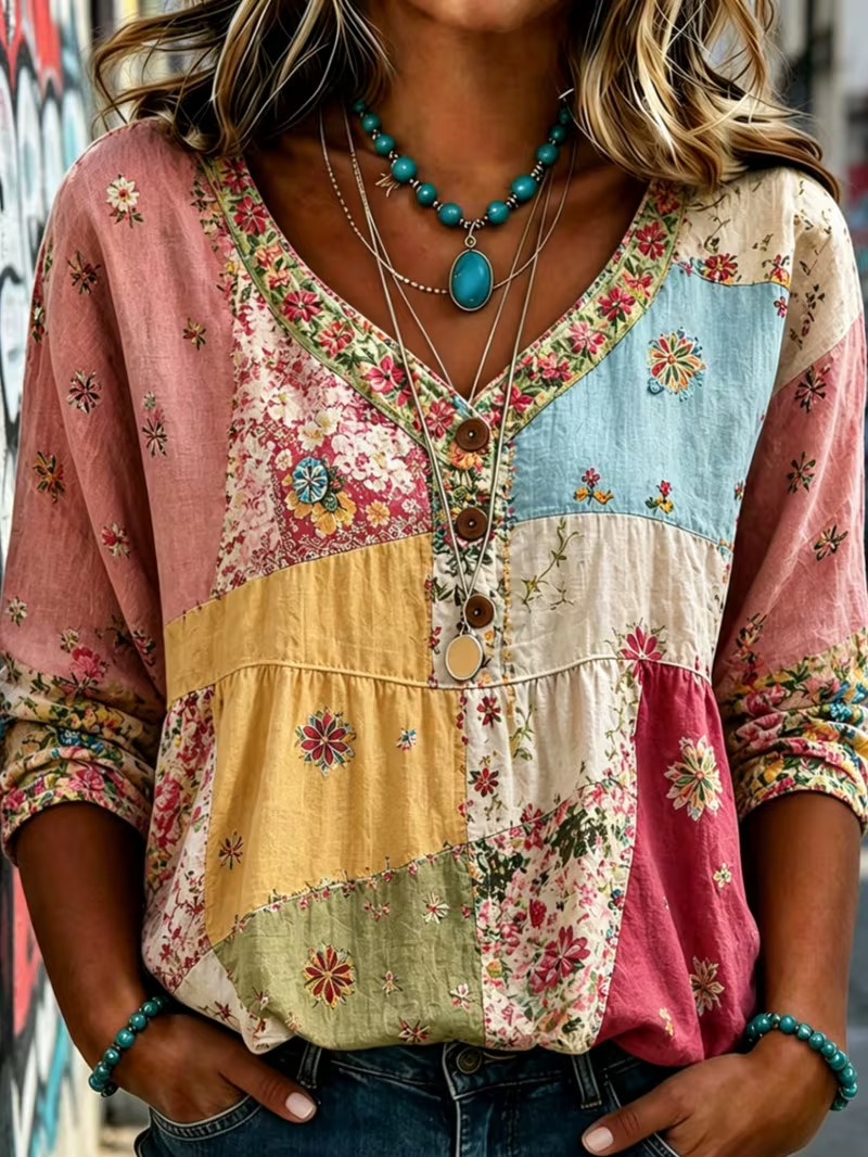 Women's Unique Print V-Neck Button Long-Sleeve Shirt