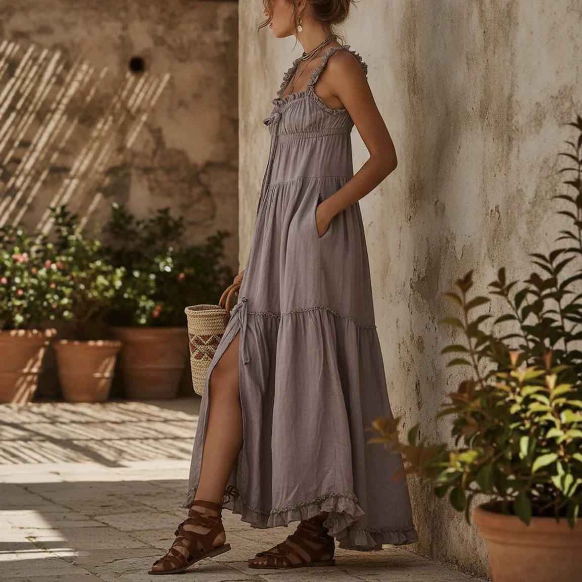 Ruffled Tie-Strap High-Waist Cutout Tiered Maxi Dress