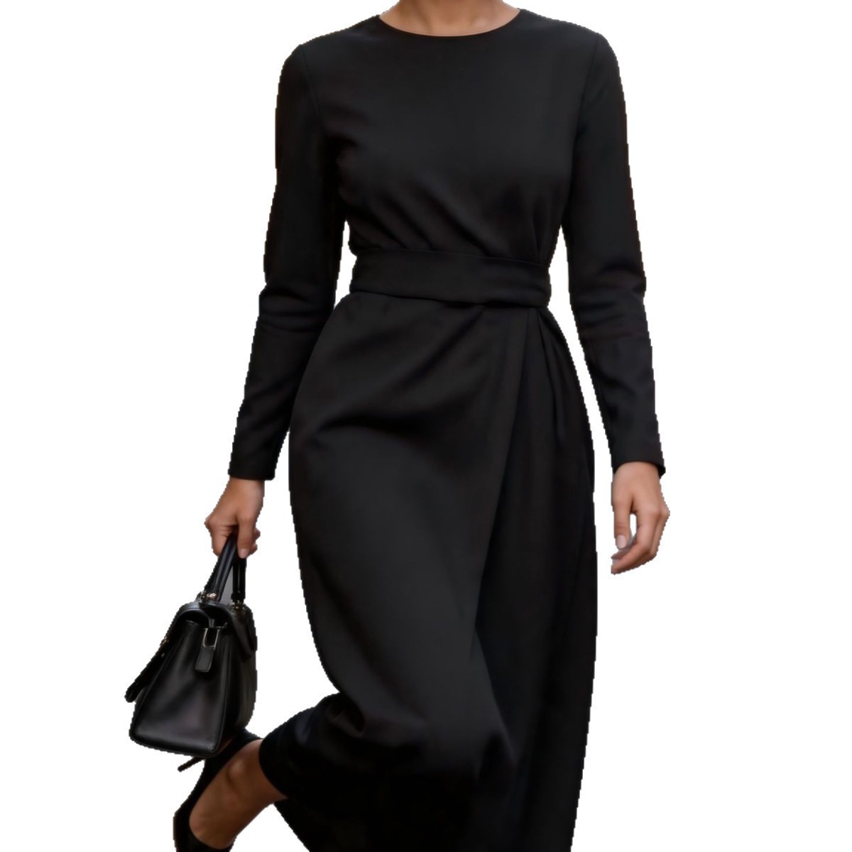 Women's Elegant Solid Long Sleeve Waist-Cinched French Dress
