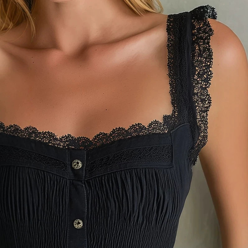 Black Sleeveless Square Neck Lace Button Shirt