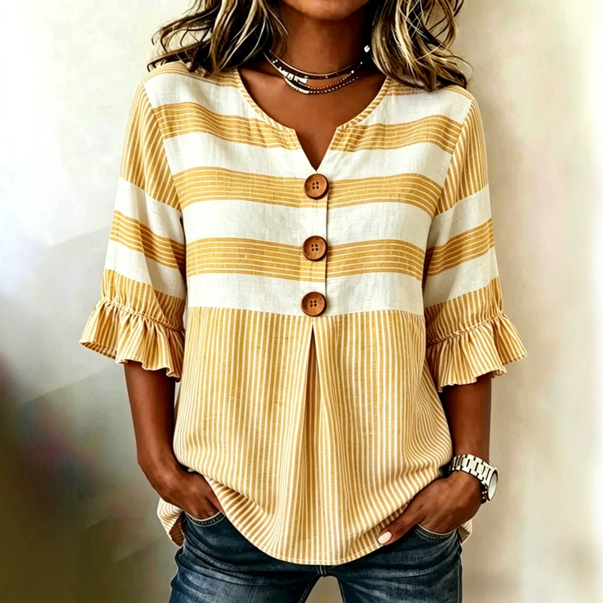 Plaid Striped Print Short Sleeve Button-Up Top