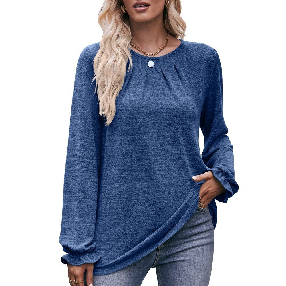 Women's Casual Crewneck Pleated Brushed Long Sleeve T-Shirt
