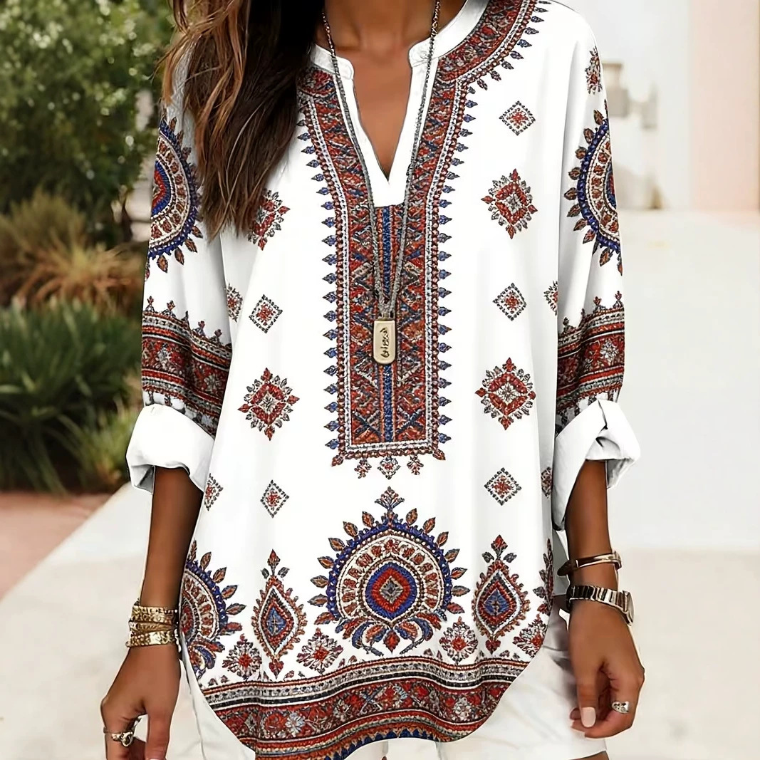 Bohemian Print V-Neck Long Sleeve Women's Top