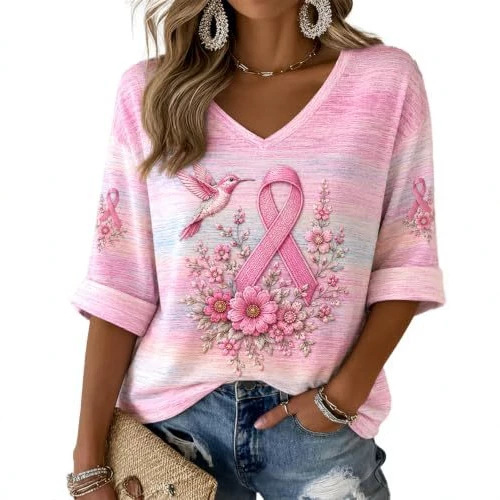 Women's V-Neck Long Sleeve Bird Ribbon Print T-Shirt