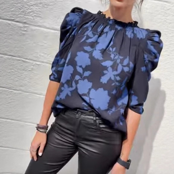 Women's Floral Print Ruffle Blouse with Round Neck and Puff Sleeves