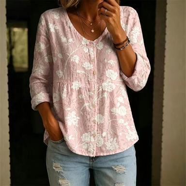 Pink Floral Button-Front Long-Sleeve T-Shirt