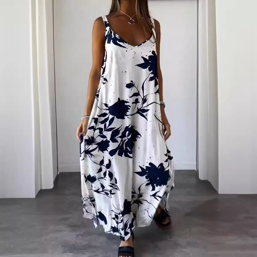 Women's Summer Floral Print V-Neck Backless Cami Maxi Dress