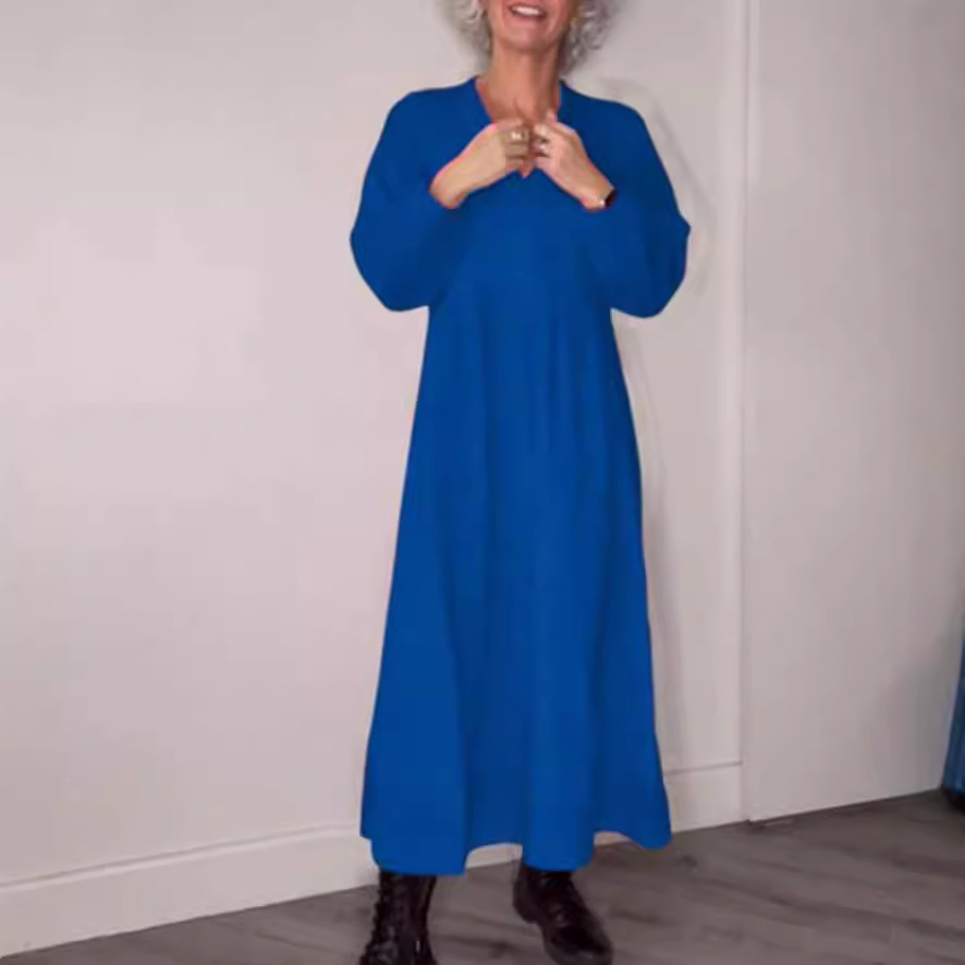 Solid V-Neck Long Sleeve Pocket Maxi Dress