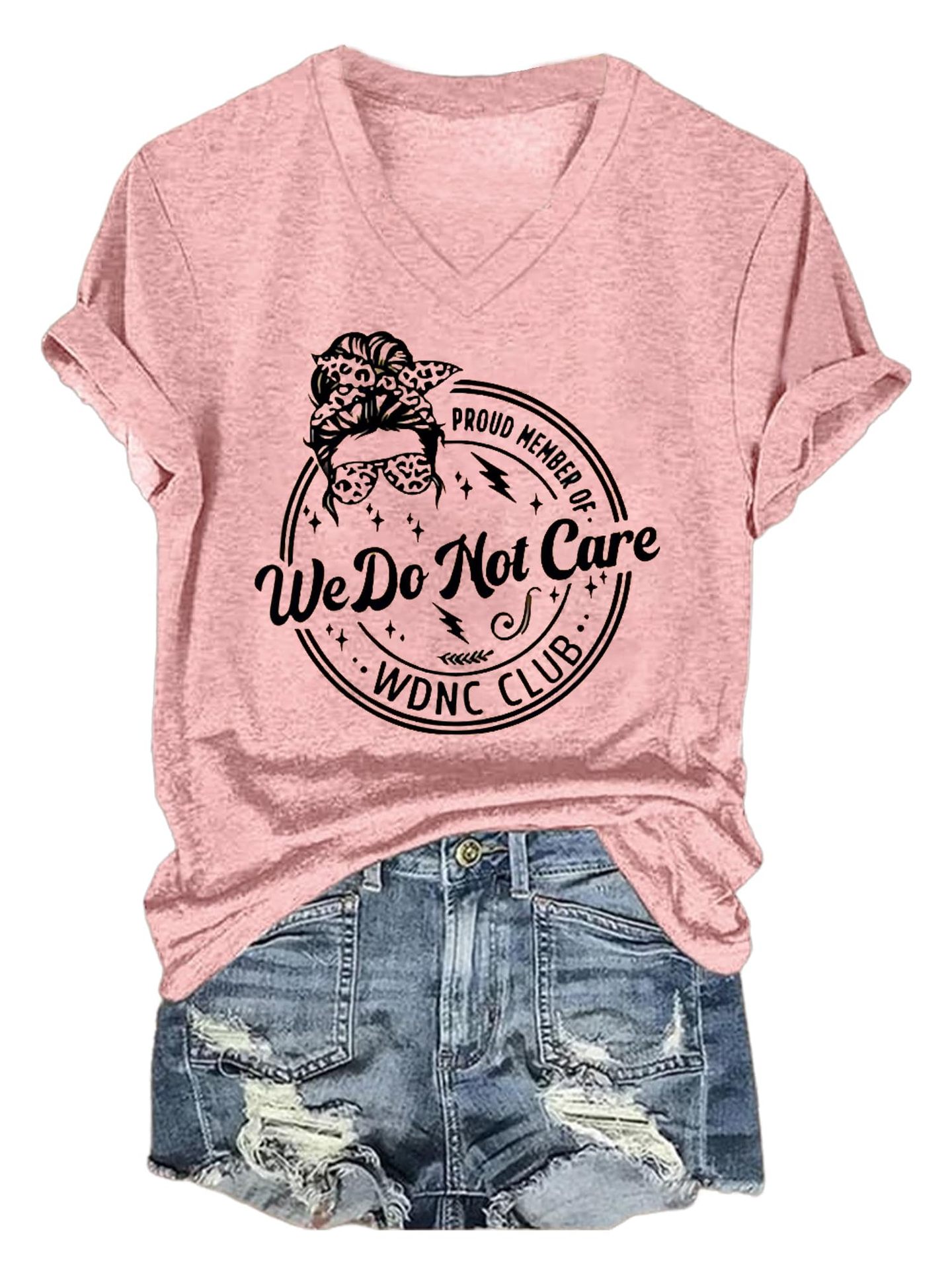 Women's Summer V-Neck Short Sleeve T-Shirt with Portrait Letter Print