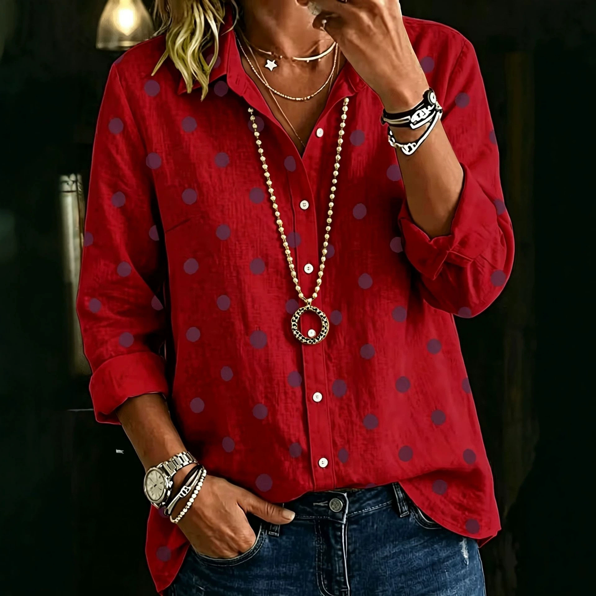 Women's Polka Dot Print Long Sleeve Button-Front Shirt