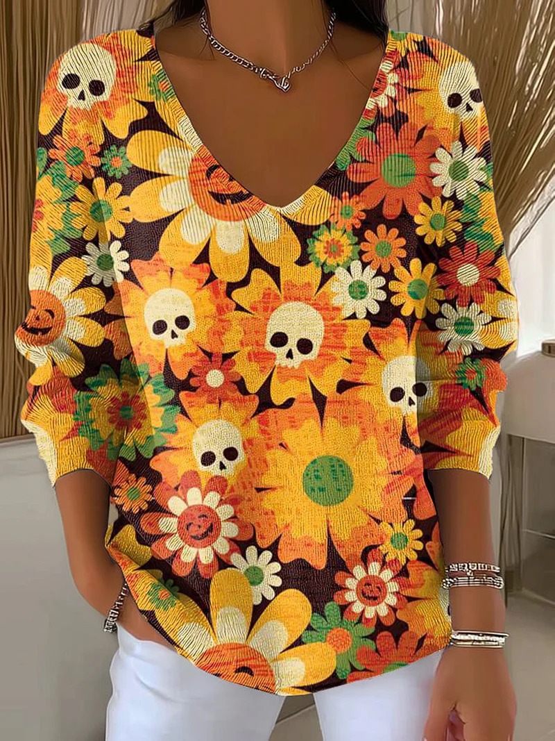Skull & Flower Print V-Neck Long-Sleeve Women's T-Shirt