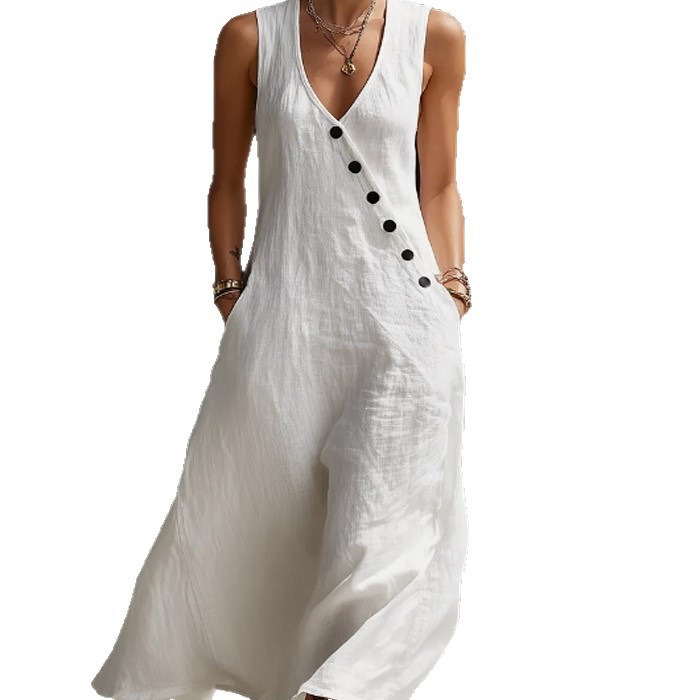 V-Neck Button-Front Sleeveless A-Line Maxi Dress