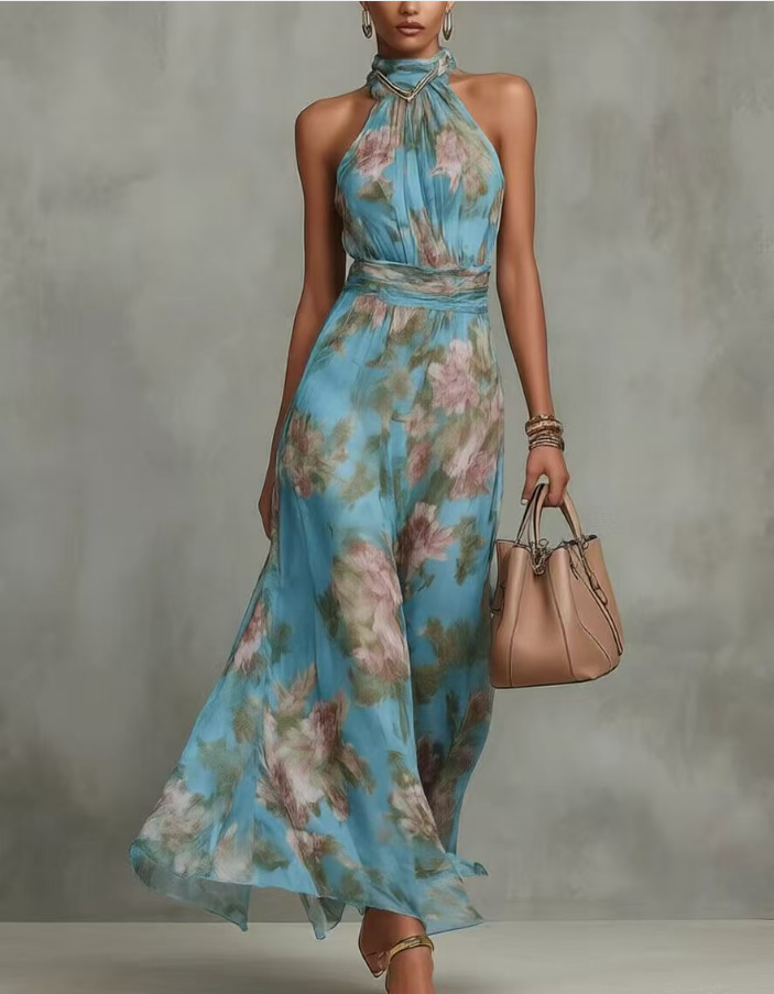 Ruched Bodycon Mesh Print High Slit Cami Long Dress