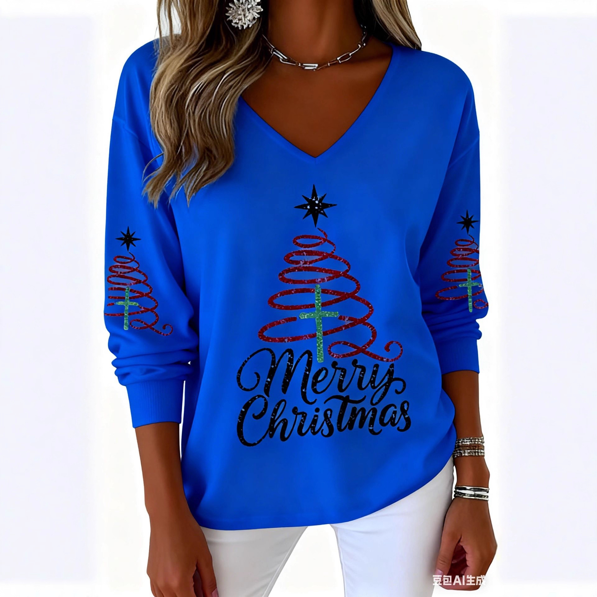 Christmas Letter Print V-Neck Long Sleeve T-Shirt for Women