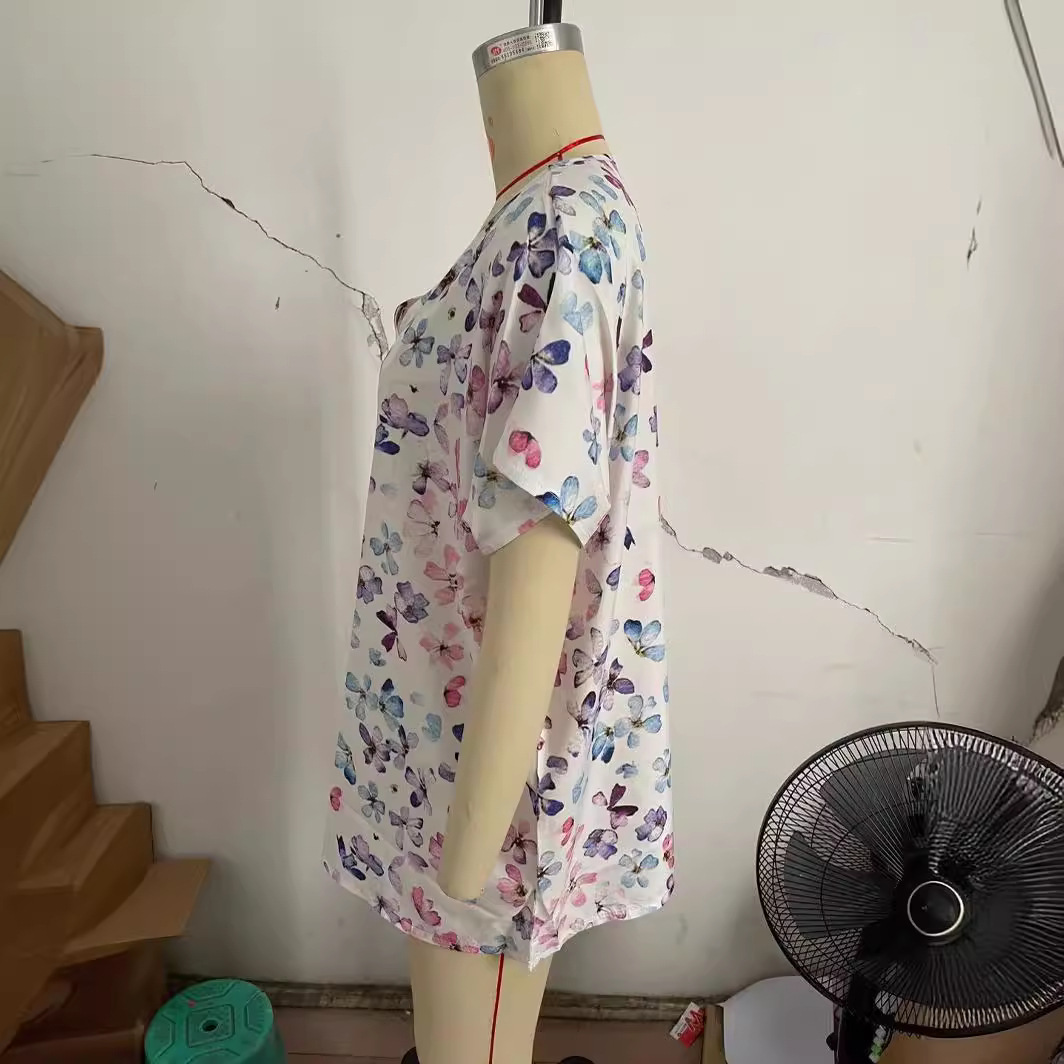Plum Blossom Print Butterfly Short Sleeve Top